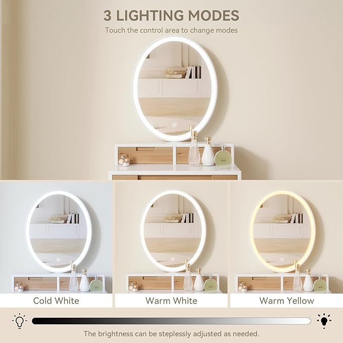 YOURLITE Small Makeup Vanity Desk with Lights, Compact Vanity Desk with Adjustable Brightness Mirror for Small Spaces, Dressing Table with Drawers and Storage Shelves