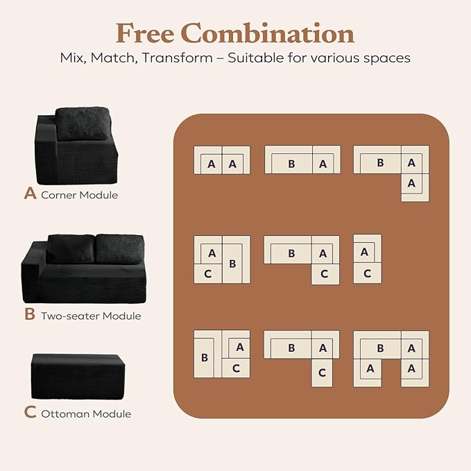 40" Modular Upholstered Foam Couch, Upholstered Floor Sofa Couch with Pillow, Single Sofa for Bedroom Living Room, No Assembly Required (Corduroy Fabric, Black)