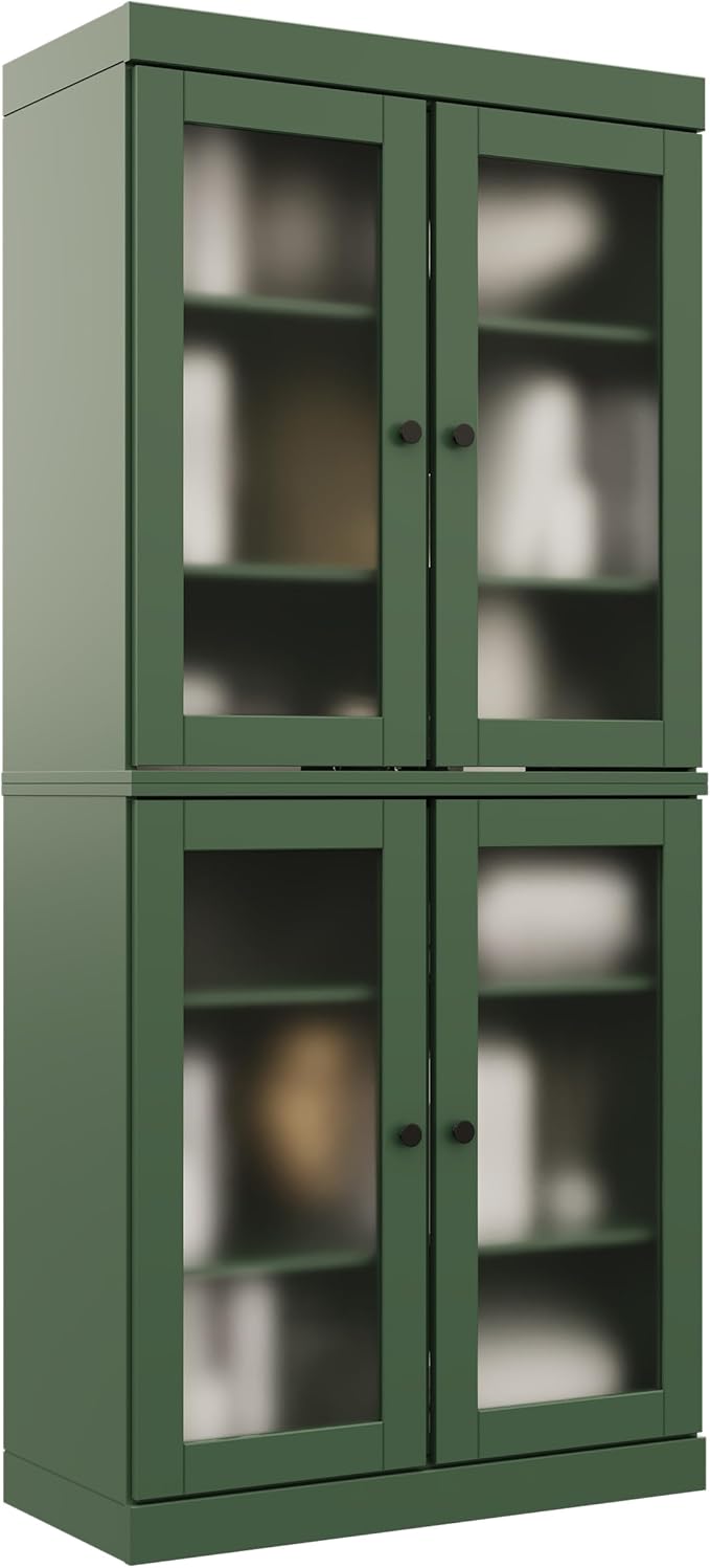 Palace Imports Solid Wood Bookcase w/Frosted Glass Doors & Adjustable Shelves for Living Room - 6-Tier Tall Bookshelf, 71.5" H x 32” W - Green, 100% Renewable Eco-Friendly Wood, Made in Brazil