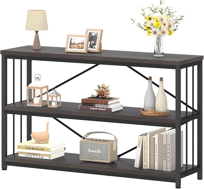 IBF Short Wide Horizontal Bookshelf, Industrial office Low 3 Tier Book shelf, Rustic Wide Vintage open Bookcase with Storage, Modern Grey Etagere for Home Office Living Room Bedroom, Gray Oak, 47 Inch