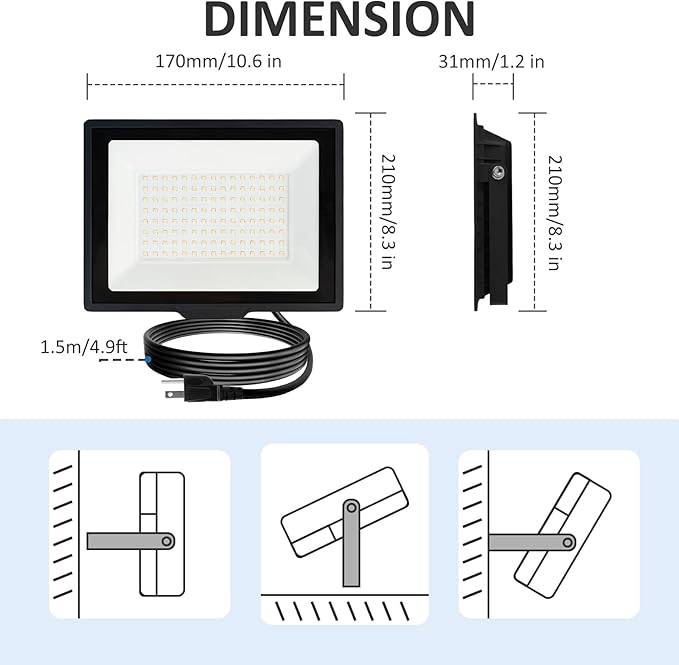 60W Flood Lights Outdoor,5400LM Bright Work Light Plug in,6500K Daylight White LED Flood Light Outdoor, IP66 Waterproof Exterior Floodlight for Yard Garage Stadium 2 Pack
