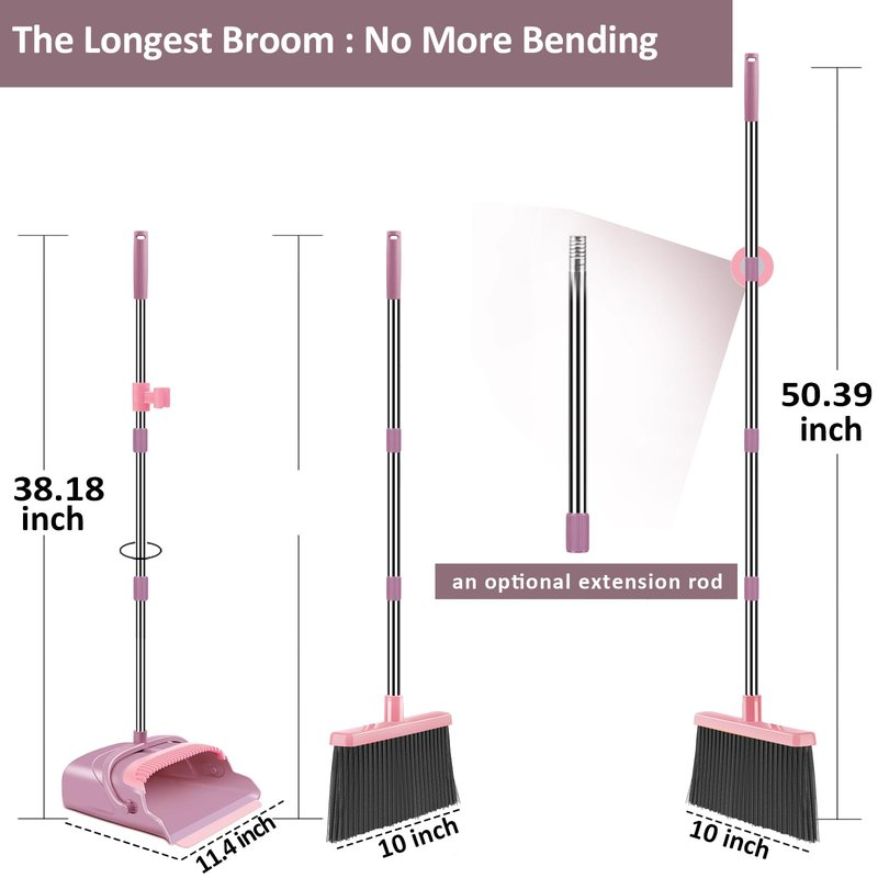 kelamayi Broom and Dustpan Set for Home, Office, Indoor&Outdoor Sweeping, Stand Up Broom and Dustpan (Pink)