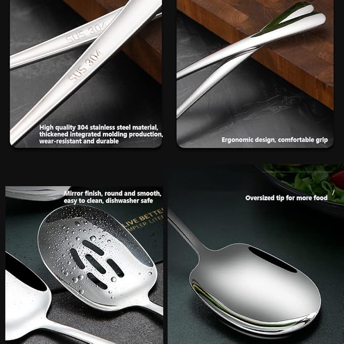 SIAIQIANG Extra Large Serving Spoons Set,18/8 Stainless Steel Slotted Spoon and Serving Spoon,9.8 Inch Buffet Spoons Set,Tabletop Flatware Utensil (2pack)