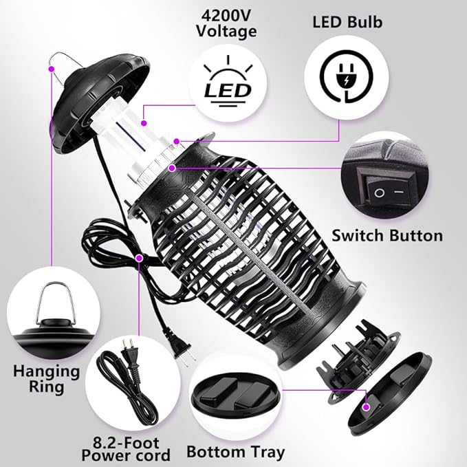 Bug Zapper Indoor & Outdoor, 4200V Mosquito Zapper, 15W Fly Zapper, Mosquito Killer, Fly Traps, Flying Insects Zapper Indoor Outdoor