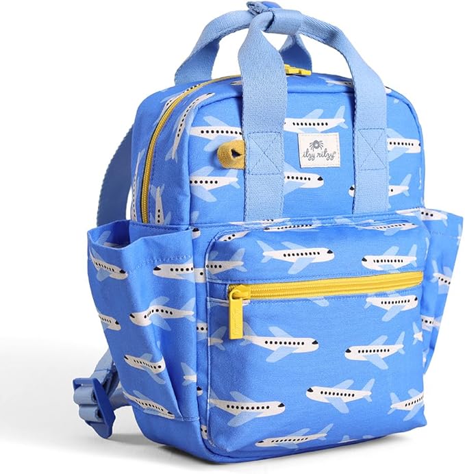 Itzy Ritzy Toddler Backpack - Daycare Bag - Features Adjustable Shoulder Straps, 2 Side Pockets & Spacious Interior with Wipeable Fabric Lining & Name Label, Airplane