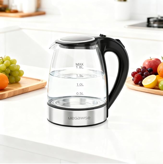 MEGAWISE 1.8L Electric Glass Kettle with Auto Shut-Off and Blue LED
