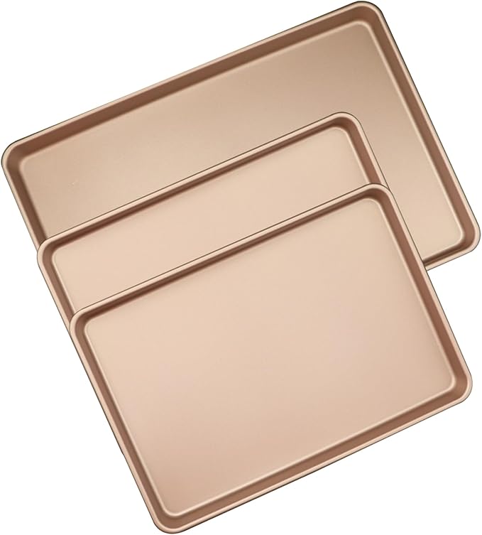 JOHO BAKING 3-Pack Nonstick Carbon Steel Baking Sheet Set | Heavy Duty 0.8mm Cookie Sheets - Large 17.8"x12" & 2 Medium 15.7"x10.8" Commercial Gold Pans for Oven, Roasting & Toaster