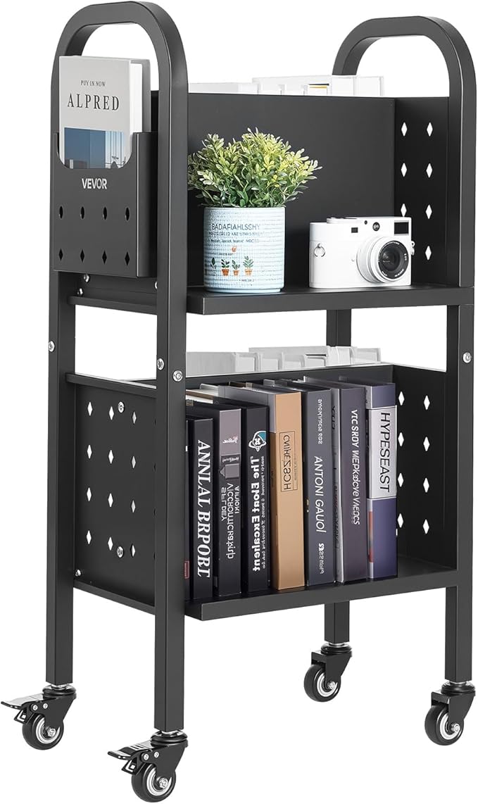 VEVOR Rolling Library Book Cart, 150 lbs Capacity, 17.7 x 13.0 x 34.6-Inch Library Cart, Double Sided L-Shaped Shelves with 2-Inch Lockable Wheels, Book Truck for Home Shelves Office and School, Black