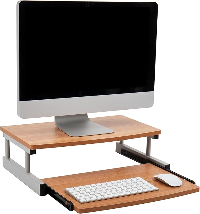 Mind Reader Monitor Stand, Sliding Keyboard Drawer, Laptop, Riser, Office, Wood/Metal, 20"L x 14.75"W x 5.9"H, Brown, Silver