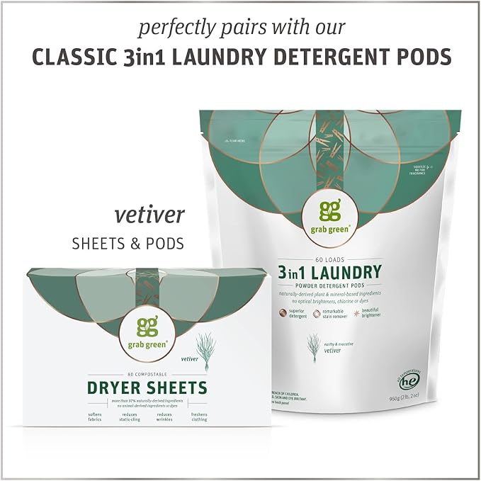 Grab Green Dryer Sheets, 160 Sheets, Vetiver Scent, Plant and Mineral Based, Compostable, Softens Fabrics, Reduces Static Cling and Wrinkles