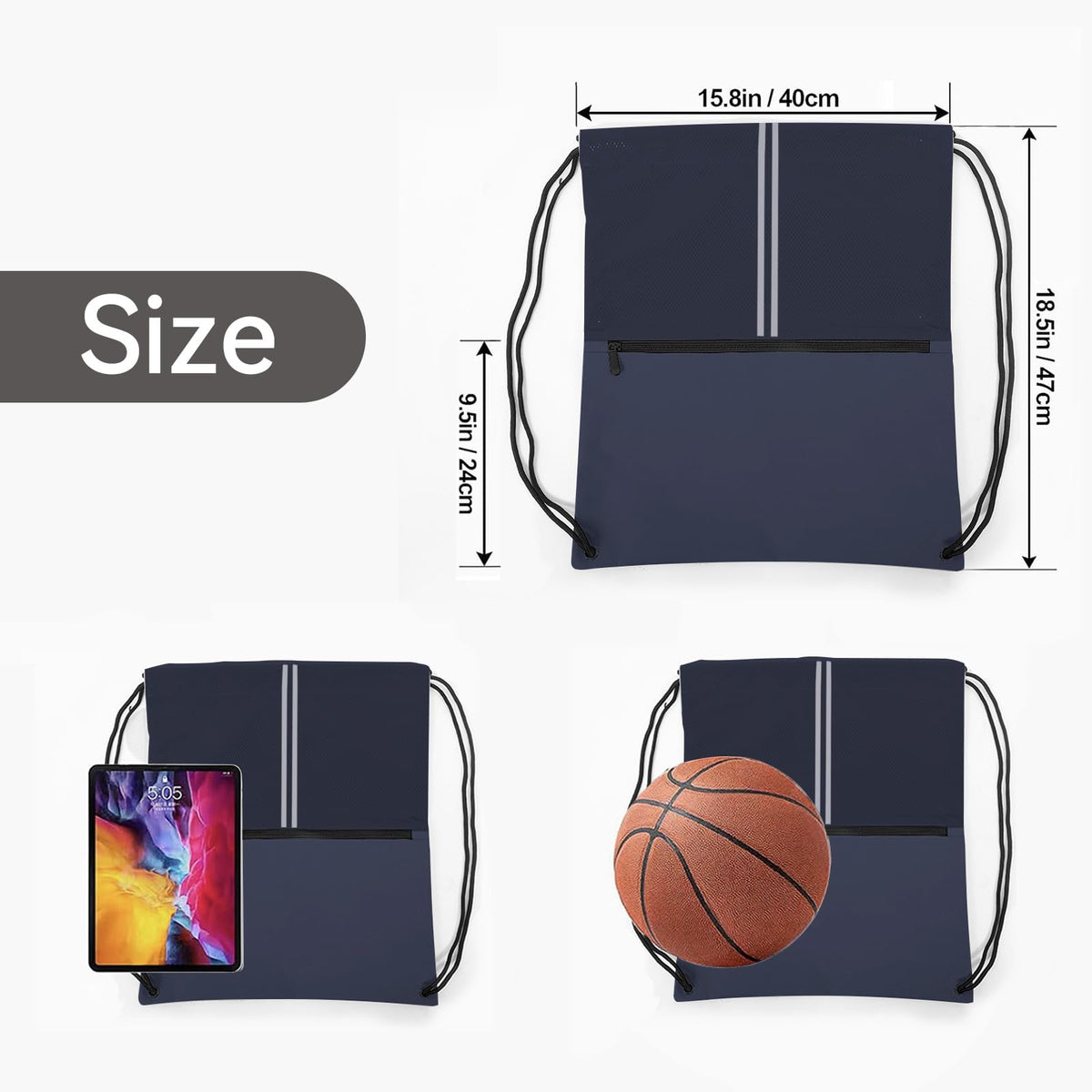 JOYNYON Drawstring Backpack Large Sports Draw String Bag for Men and Women (Navy Blue)