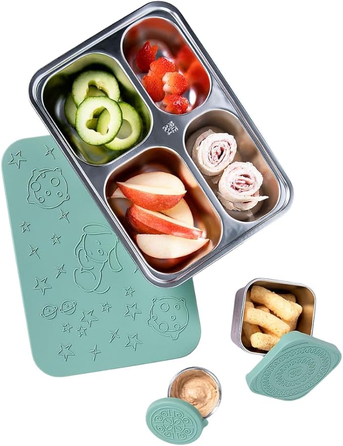 Stainless Steel Lunch Box for Kids 5 and Older – 3 Pieces Stainless Steel Bento Box with 4 Compartments & 2 Snack Containers – Leak Proof, BPA-Free, Eco-Friendly, Dishwasher Safe & Durable – Green