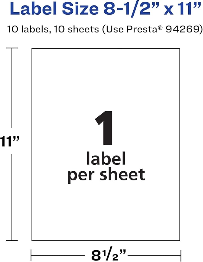 Avery Printable Durable White Rectangle Labels, 8.5" x 11", Waterproof Labels, Laser & Pigment-Based Inkjet Compatible, 10 Total, Great for Product Branding, Marketing, and More
