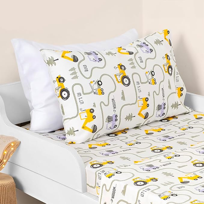 Salt Earth 100% Cotton 210TC Kids Bedsheet, Twin Fitted Sheet, Toddler Bed, 2 Piece Bedding Set- 1 Fitted Sheet and 1 Pillowcase, Themed Toddler Bed Sheets, Cute Sheets for Kids Bed (Tractor)