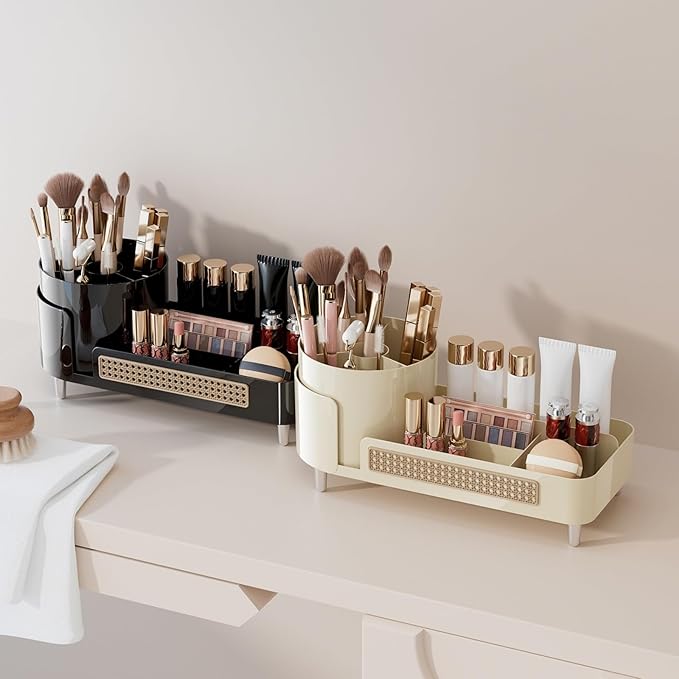 Rotating Makeup Organizer Countertop,Large Capacity Makeup Organizers for Vanity,2 in 1 makeup storage organizer for Bathrooms,Cosmetic Display Case (Black)
