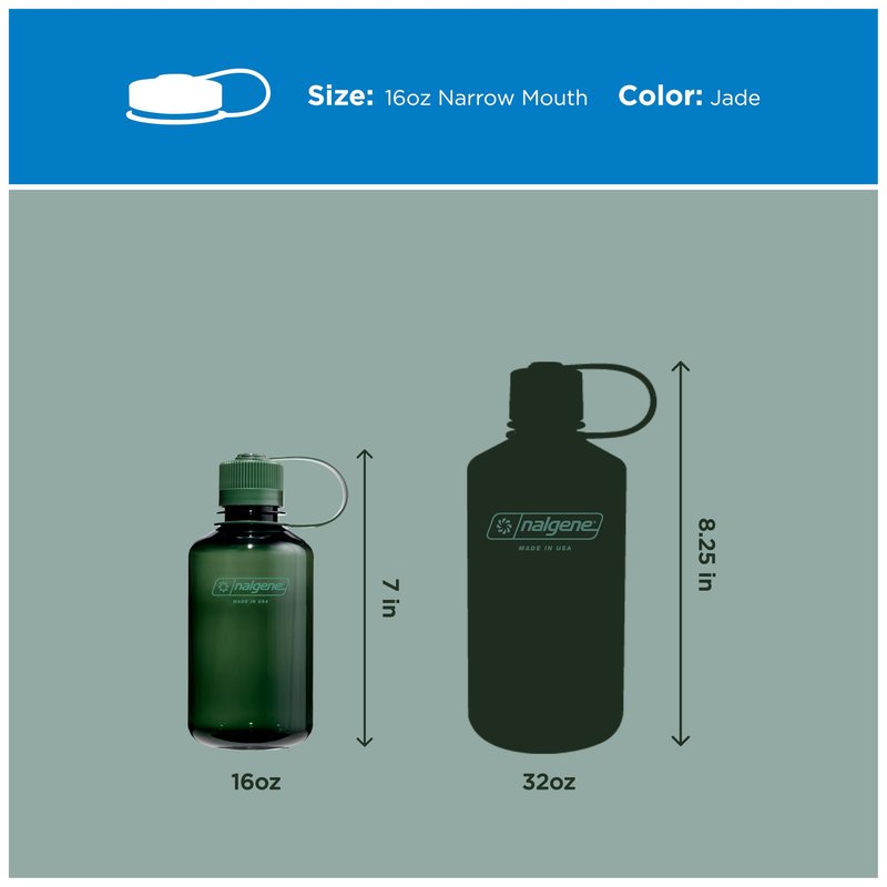 Nalgene 16 oz Narrow Mouth Water Bottle | Slim Cup Holder Size, BPA-Free, Durable & Leak Proof, Lightweight Travel Bottle, Jade