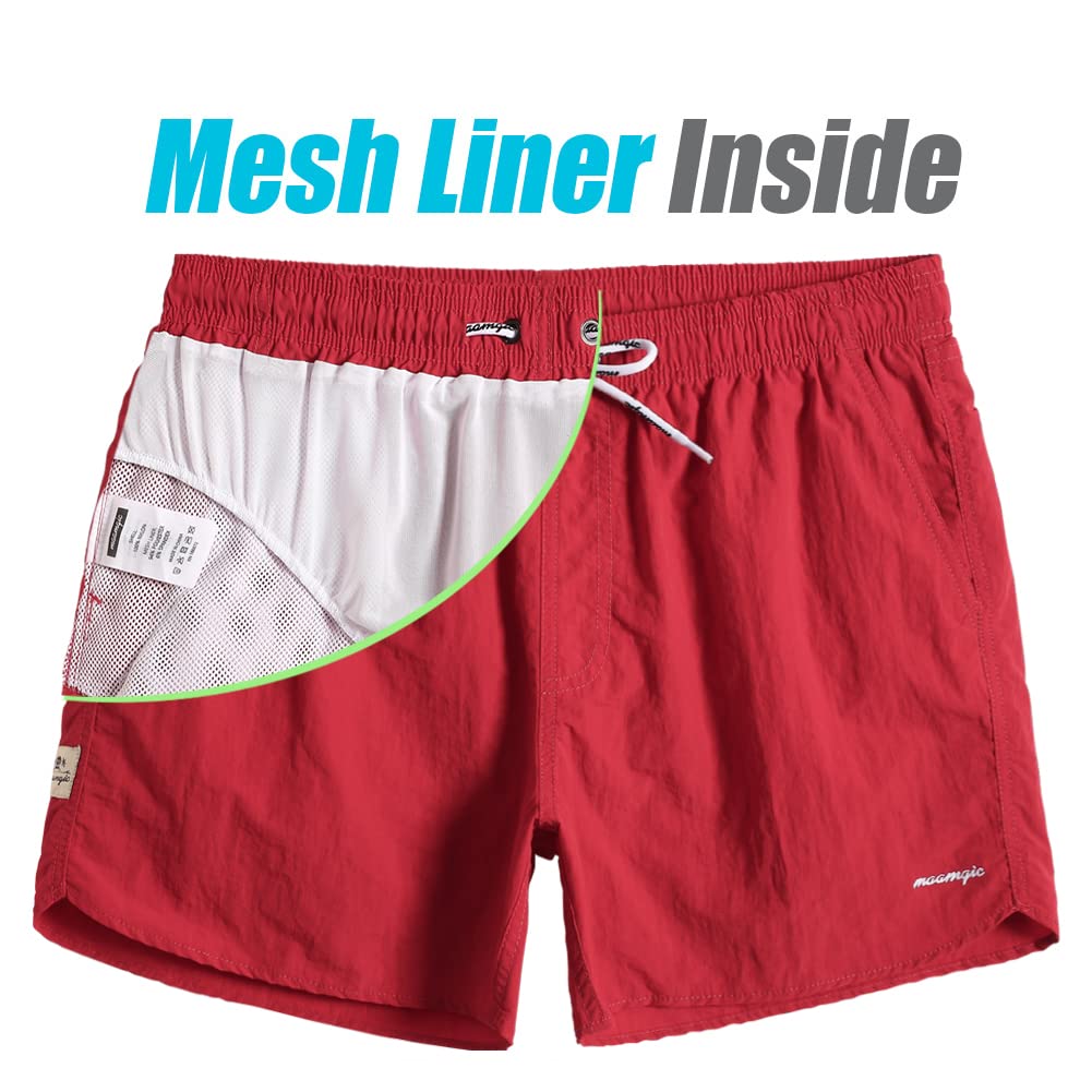 maamgic Mens Swim Trunks 5" with Mesh Lining Quick Dry Bathing Suits for Men Swim Shorts Swimwear Nylon Red Medium