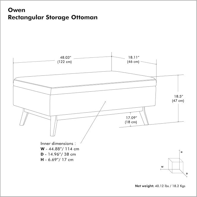 SIMPLIHOME Owen Rectangular Storage Ottoman - 48 inch Wide Upholstered Vegan Leather Lift-Top Ottoman in Distressed Saddle Brown, Mid-Century Modern Ottoman for Living Room with Tufted Detail