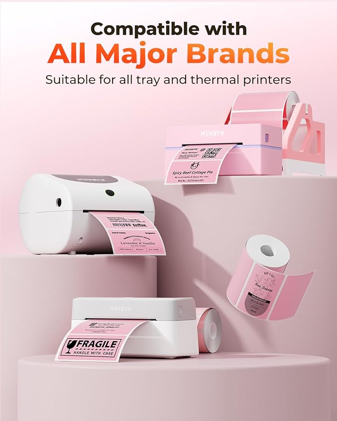 MUNBYN 4” X 2” Direct Thermal Labels, Thermal Printer Stickers, Strong Adhesive & Perforated Labels Paper for Barcode, Mailing, 500 Sheets/1 Roll, Pink