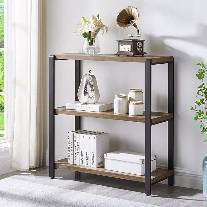 FOLUBAN 3 Tier Bookshelf, Industrial Bookcase and Book Shelves for Bedroom, Rustic Wood and Metal Book Case for Office, Oak