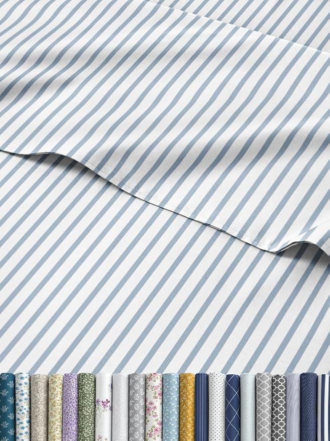 Striped Sheets - Blue & White Striped Sheets - 1 Flat & 1 Fitted & 2 Pillowcases w/ Deep Pockets – Wrinkle & Fade Free - Ultra-Soft, Breathable and Cooling - Luxury Pinstripe Bedding - Queen Size Set
