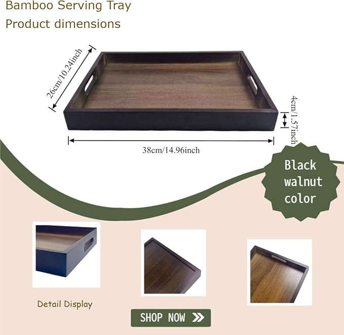 14.9''x10.2''x1.57'' Bamboo Wooden Tray with Handles, Rectangular Natural Solid Wood, Black Walnut Color Serving Tray Suitable for Kitchen,Bedroom,Coffee, Party Bars.