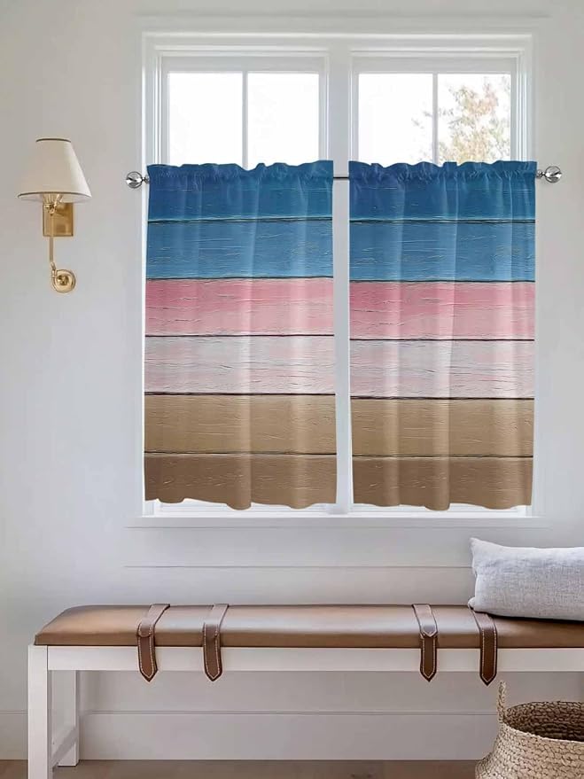 Blue Pink Brown Gradient Wood Grain Window Valance Curtains, Vintage Wood Board