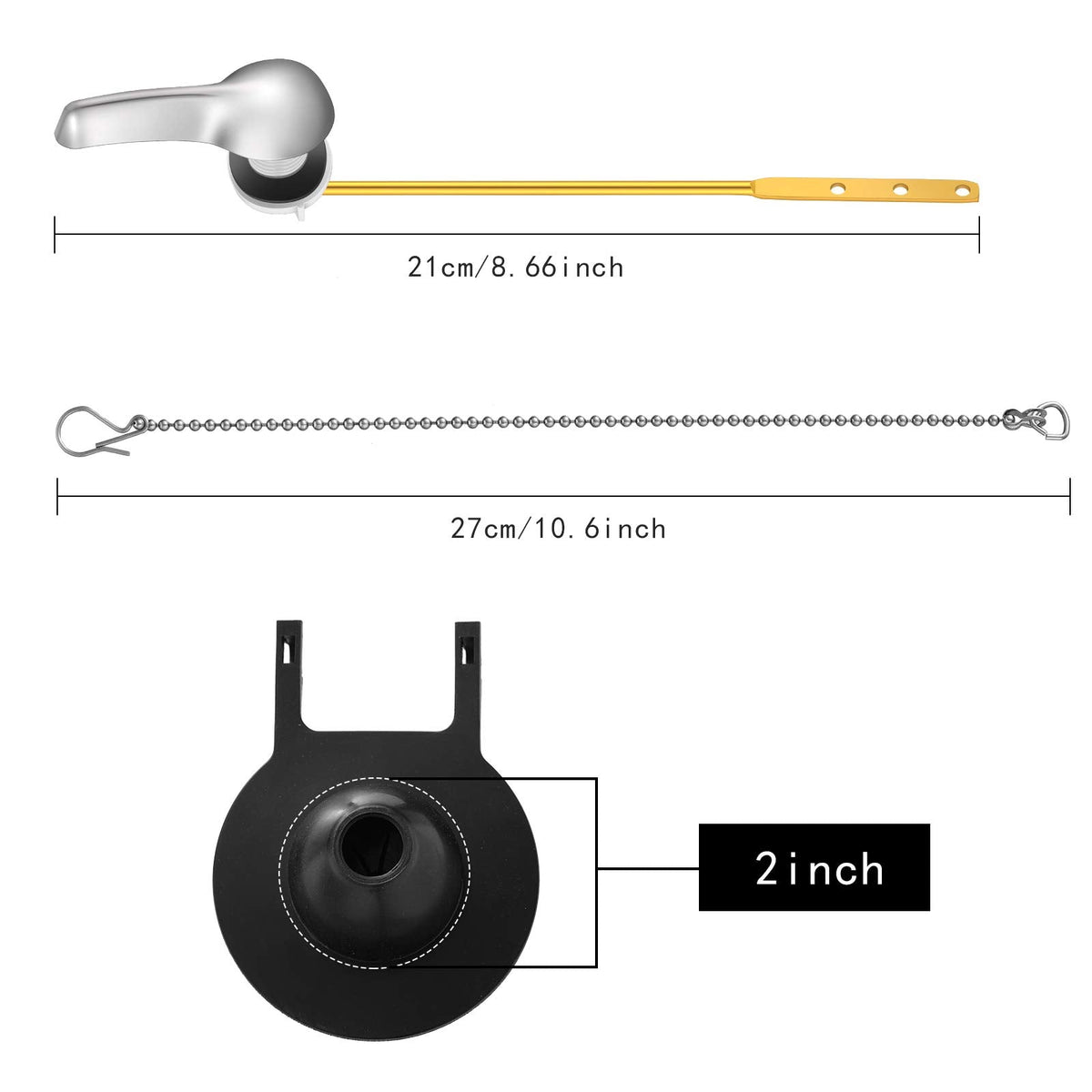Honoson 4 Pcs 2-inch Universal Toilet Flapper Replacement Kit Front Toilet Flush Tank Lever Handle Replacement with Flapper and 2 Pcs Stainless Steel Chain for Bathroom Lavatory(Black)