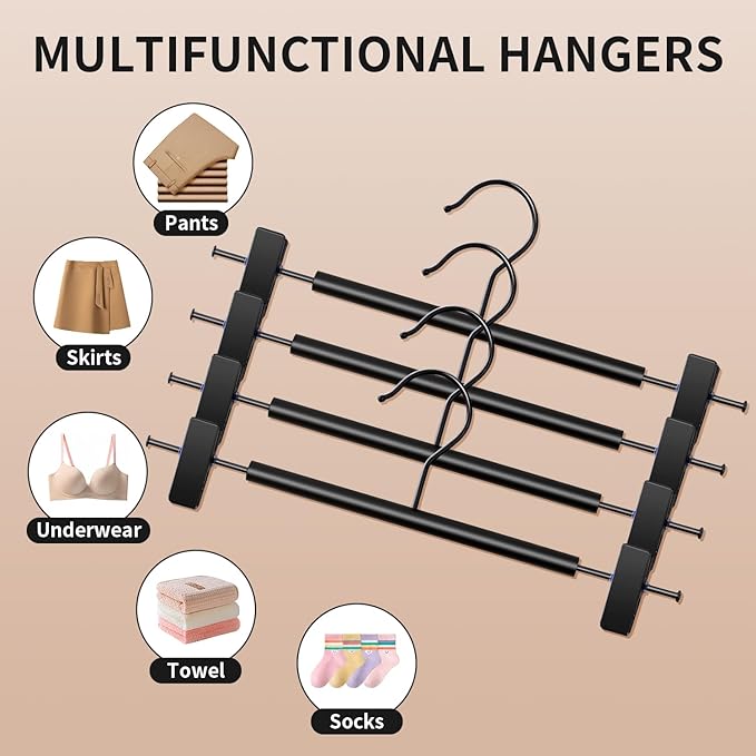 Wooden Pants Hangers with Clips 20 Pack Adjustable Wood Skirt Hangers for Women&Men Space Saving Closet Non Slip Clothes Hanger for Jeans,Trousers,Short,12Inch Black