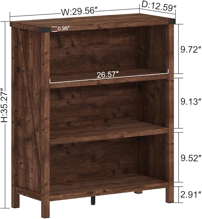 BON AUGURE Rustic Short Bookshelf, 3 Shelf Bookcase, Small Wood Low Book Cases/Shelves, Farmhouse Storage Tier Book Shelves for Home Office, Living Room, Small Space (Rustic Oak)