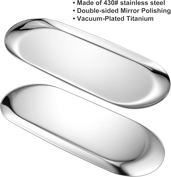 Silver Oval Vanity Tray - Stainless Steel Jewelry, Bathroom, Makeup Cosmetic, Towel Napkin Storage Organizer - 9 x 3.8 inches (LxW), Medium