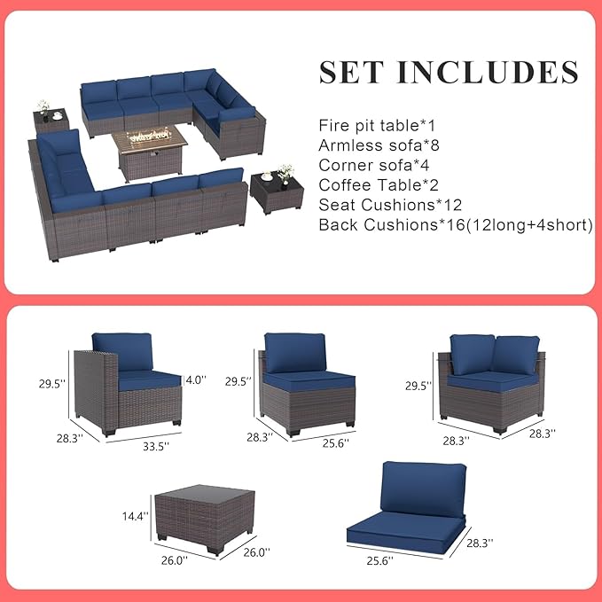 Gotland 15 Pieces Patio Furniture Set with Fire Pit Table, All Weather Rattan Outdoor Furniture with 29.5'' High Backrest 4’’ Thick Cushions Coffee Table, Patio Set for Porch, Deck, Backyard, Navy