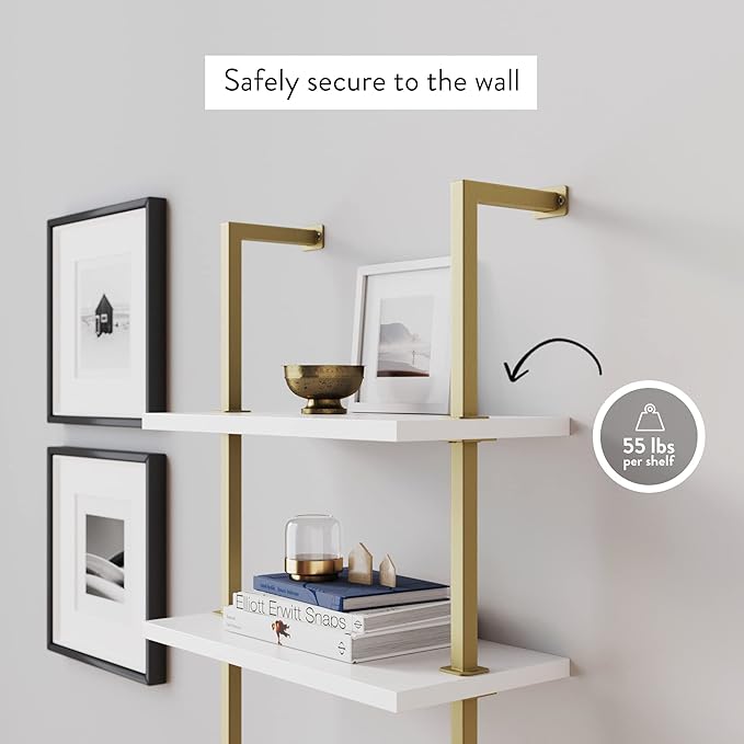 Nathan James Theo 5-Shelf Gold, Ladder Bookcase with Gold/Brass Metal Frame, White, Set of 4