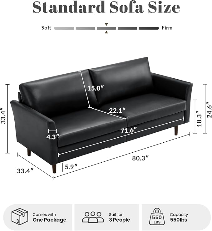 Kingfun Faux Leather 3 Seat Couch for Living Room, Mid Century Modern Sofa with Rolled Arms and Deep Seats, Fluffy Comfort for Apartment, Easy to Assemble, Black
