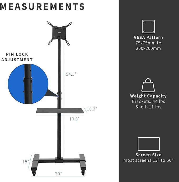 VIVO Mobile TV Cart for 13 to 50 inch Screens up to 44 lbs, LCD LED OLED 4K Smart Flat, Curved Monitor Panels, Rolling Stand, DVD Shelf, Wheels, Max VESA 200x200, Black, STAND-TV07W-S