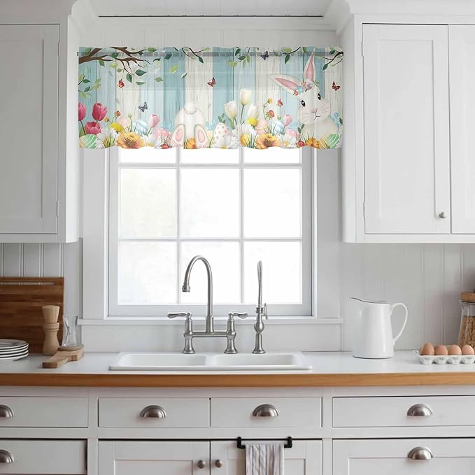Easter Sheer Valances for Windows 42"x18", Light Filtering Kitchen Curtains