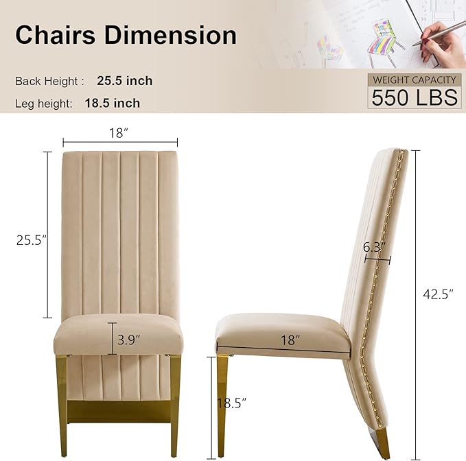 AUZ Dining Chairs with Nail Head Trim, Modern Velvet Upholstered Dining Room Chairs in Lovely Color with Polished Gold Stainless Steel Legs, Set of 2