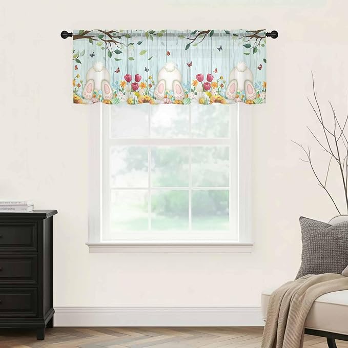 Easter Sheer Valances for Windows 42"x12", Light Filtering Kitchen Curtains