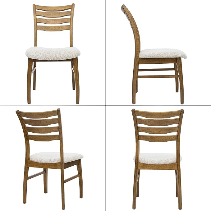 DUOMAY Farmhouse Dining Chairs Set of 4, Fur Beige Upholstered Side Chairs Solid Wood Ladder Back Kitchen Chairs for Home Dining Room, Browm Frame