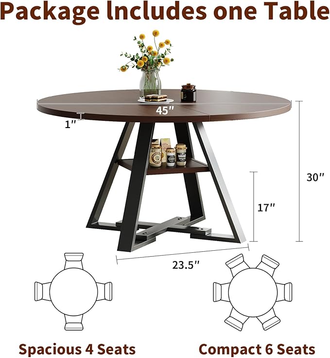 Walnut Round Dining Table Set for 4, Mid-Century Modern Kitchen Table and Chairs, Small Space Dining Room Furniture for Apartment, Breakfast Nook or Studio (Walnut Wood-1 Storage Table)