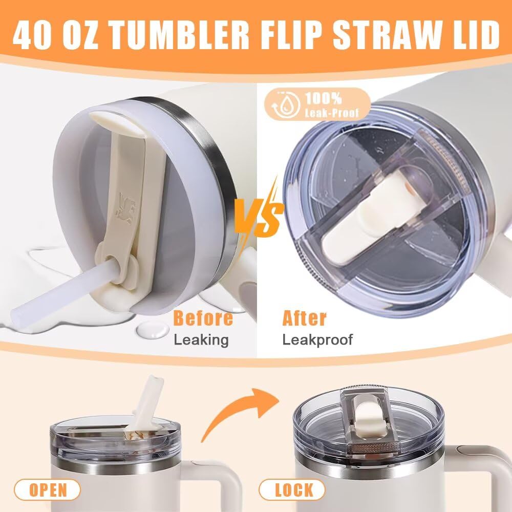 2 Pack 40 oz Tumbler Detachable Flip Straw Lid Replacement Fit for Stanley Quencher ProTour,Leak Proof Lid Compatible with Stanley Cup,No Spill Flip Top Tumbler Cover for Stanley Cup Accessories