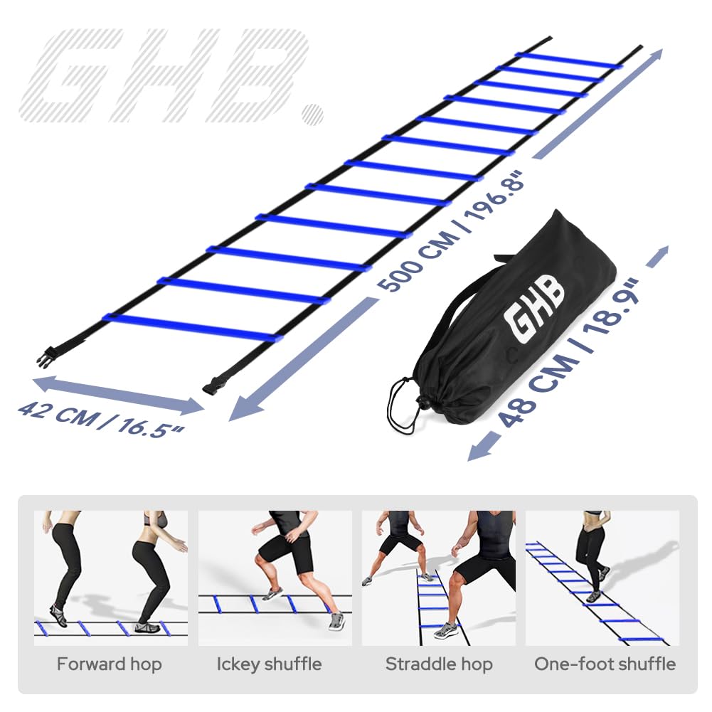 GHB Pro Agility Ladder 2 Pack Agility Training Ladder Speed 12 Rung 20ft with Carrying Bag (Blue)