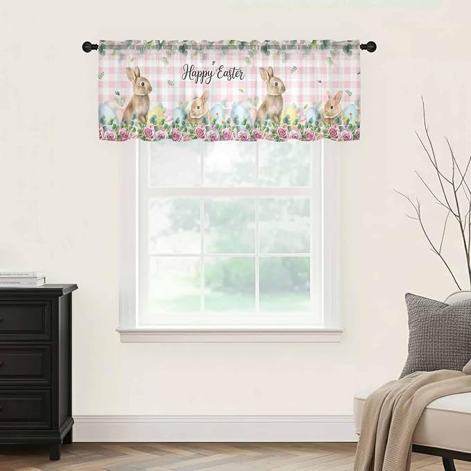 Easter Sheer Valances for Windows 42"x12", Light Filtering Kitchen Curtains