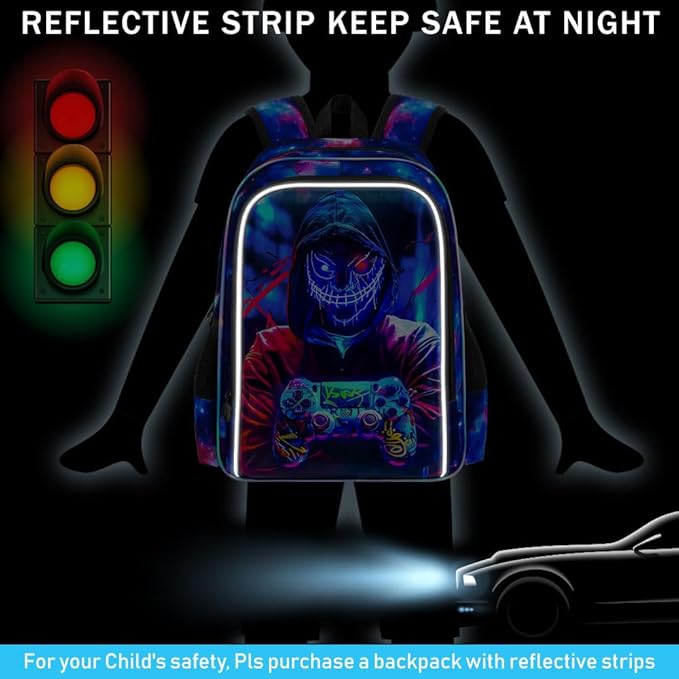 KLFVB 3PCS Backpack for Boys, 17" Kids Gaming Bookbag and Lunch Box, Water Resistant School Backpack for Teenagers Middle Elementary - Demon Game