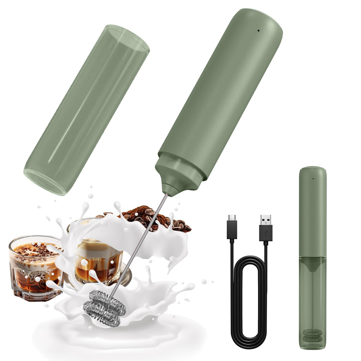 CIRCLE JOY Portable Rechargeable Milk Frother Handheld, Dual Spring Whisk Electric Coffee Frother Wand Drink Mixer for Matcha Lattes Cappuccino, Kitchen Gifts, Beige