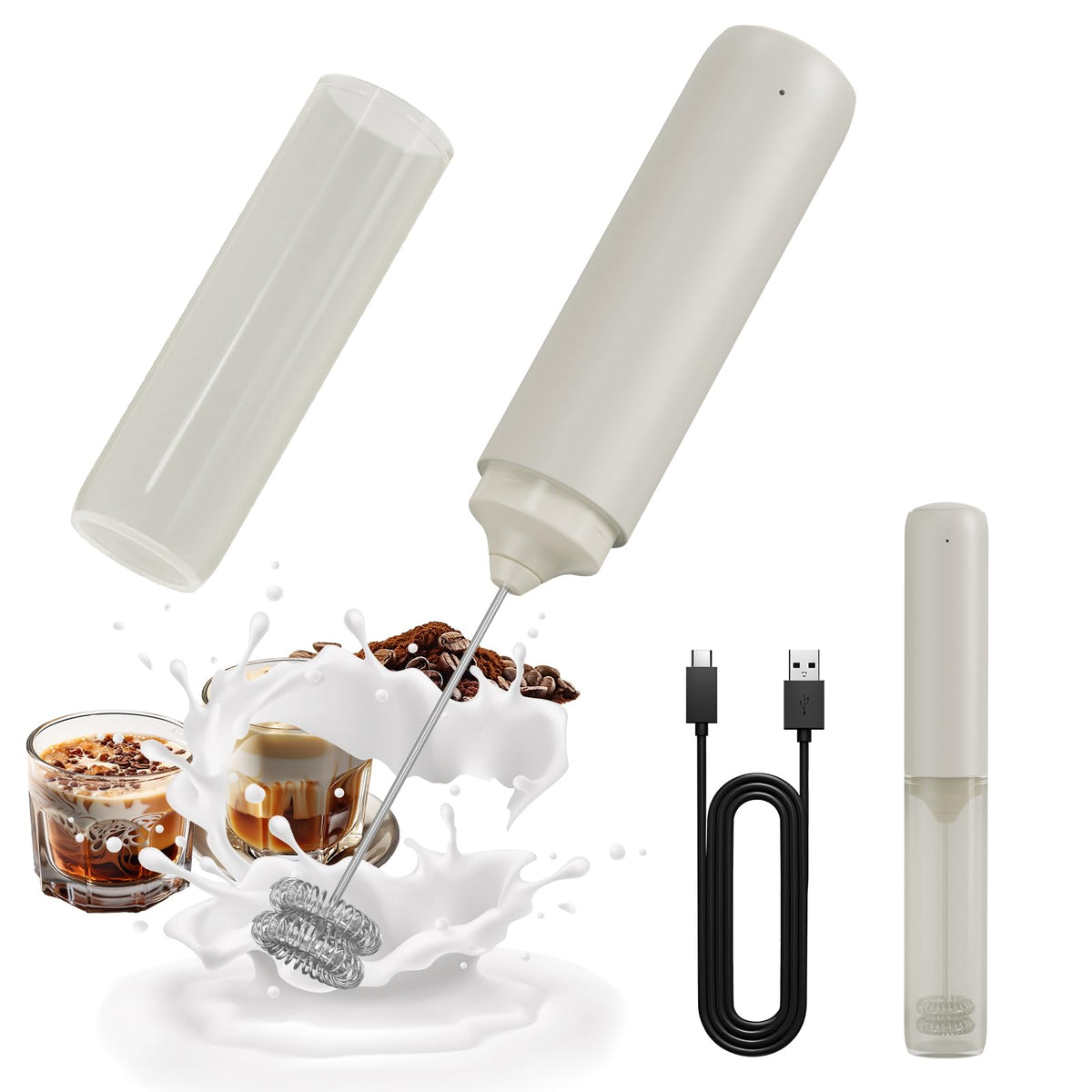 CIRCLE JOY Portable Rechargeable Milk Frother Handheld, Dual Spring Whisk Electric Coffee Frother Wand Drink Mixer for Matcha Lattes Cappuccino, Kitchen Gifts, Beige