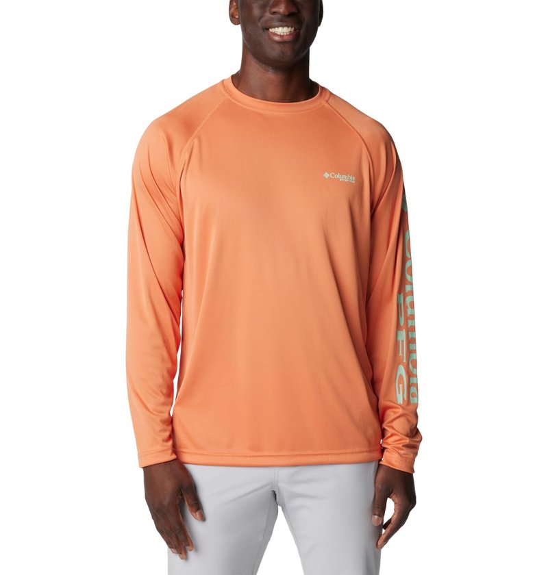 Columbia Men's Terminal Tackle Long Sleeve Fishing Shirt, Dusty Orange/New Mint Logo, Medium