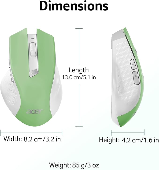 acer Wireless Mouse for Laptop, 2.4GHz Computer Mouse 3 Adjustable DPI Office Cordless USB Mice with USBA Receiver, 6 Buttons, 1600 DPI, Medium to Large Sized Hands (Green)