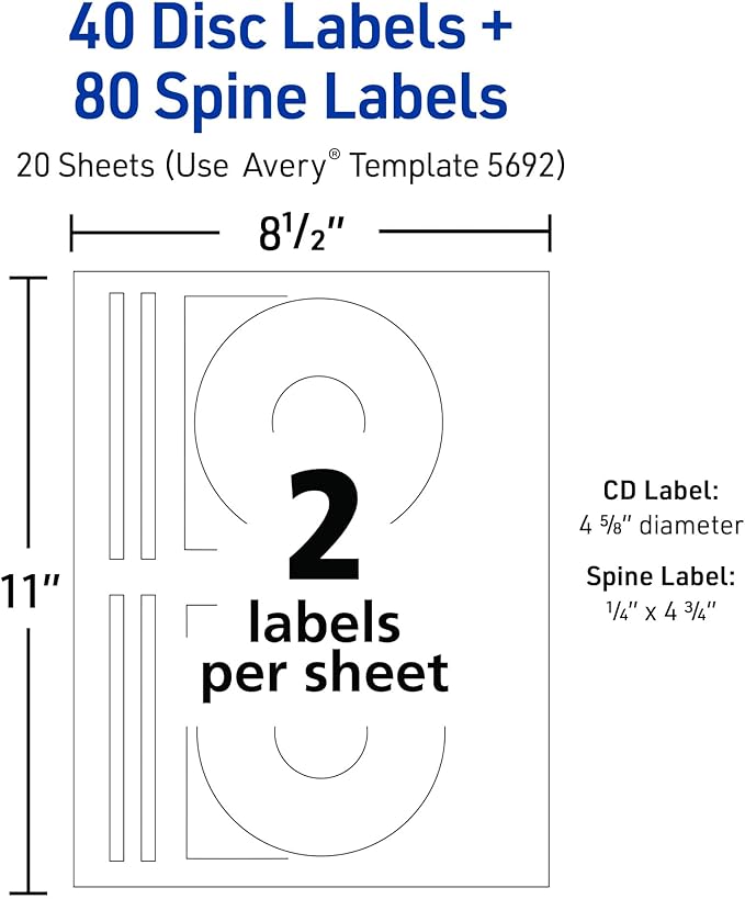 Avery Printable CD Labels, Matte White, Permanent Adhesive, Laser Printable, 40 Blank CD & 80 Blank Spine Stickers, Great for DVD, PC Discs, and More (5692)