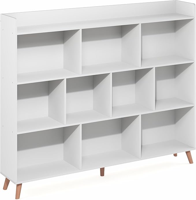 Furinno Claude Book Shelf, 10-Cube Mid Century Style Bookshelf, Bookcase, Storage Organizer with Wood Legs, 9.4" x 55.1" x 45.1", for Living Room, Bedroom, Home Office, White